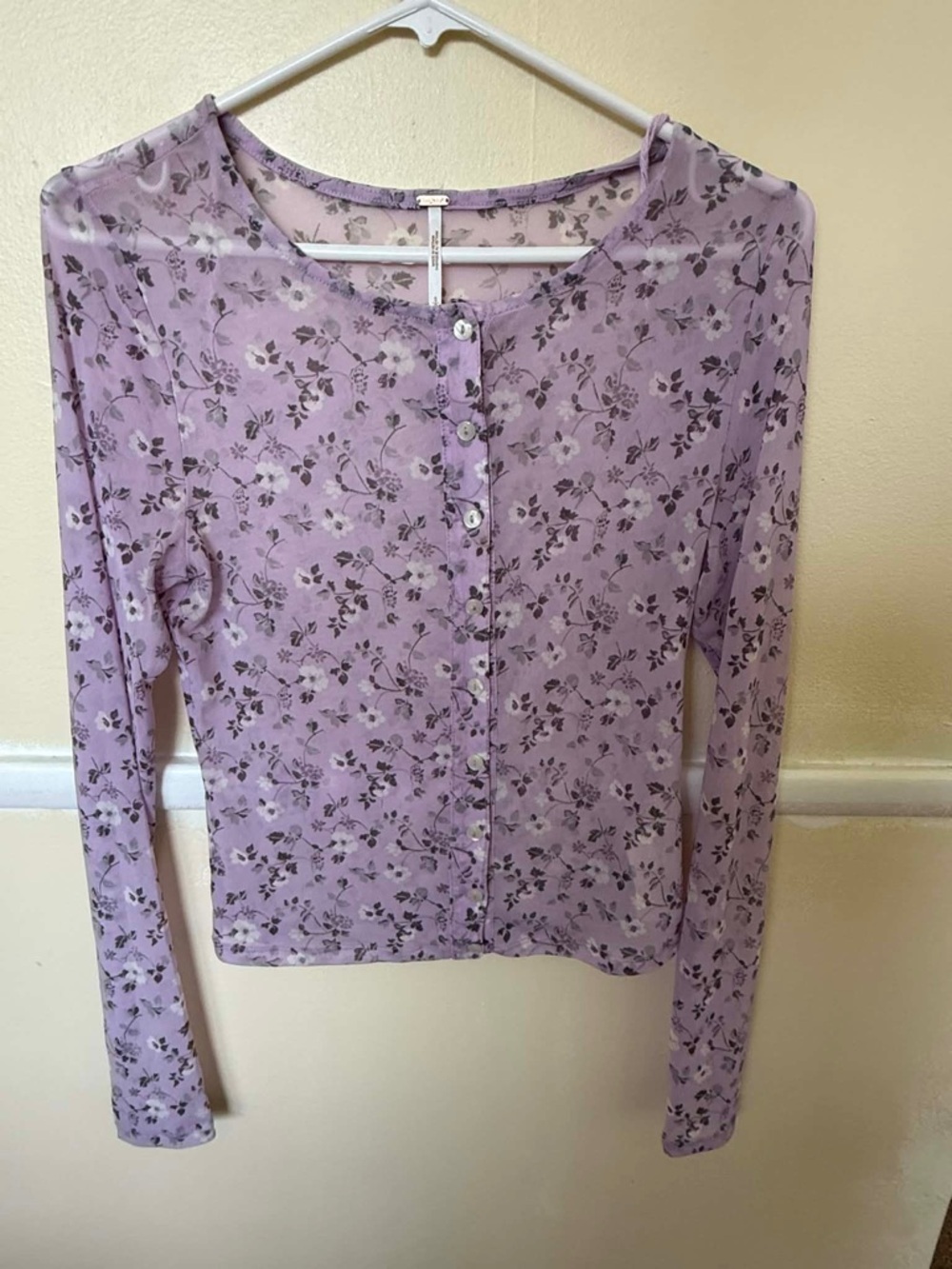 Free People Lilac Floral Button-Front Long Sleeve Top